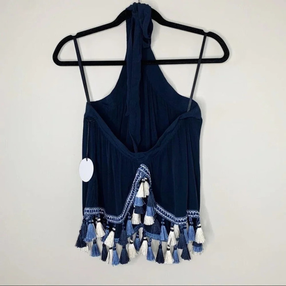 Tularosa Revolve Cory Halter Top Navy Blue Tassels Open Back Embroidered Size XS - Picture 11 of 16